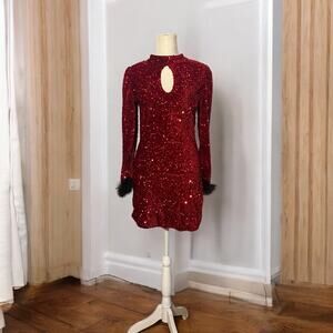 Gorgeous Sequin Red Dress Long Sleeve Open Back Sz Medium
